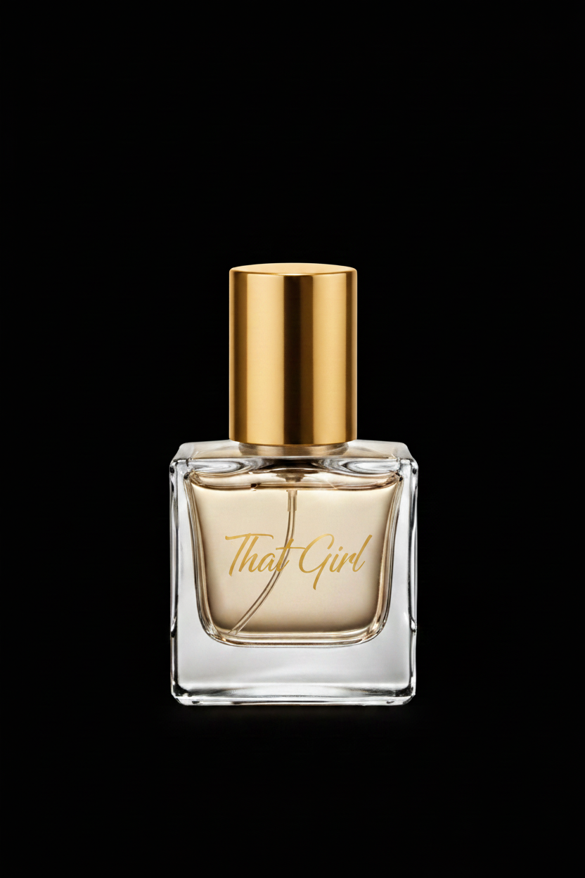 That Girl - Clear square glass perfume bottle with gold cap and label